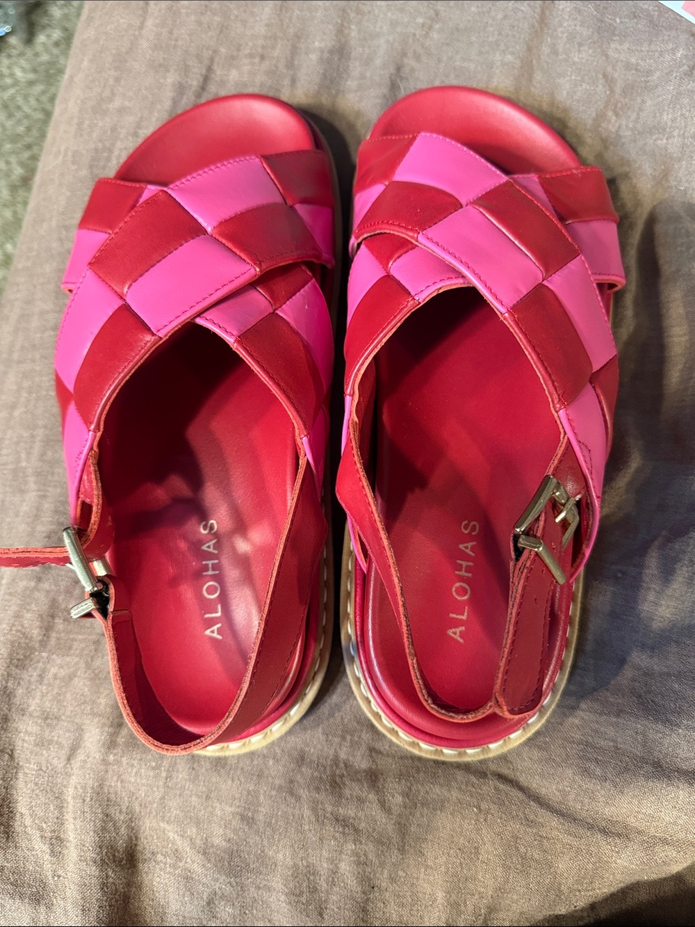 ALOHAS Red & Pink Woven Leather Slingback Sandals